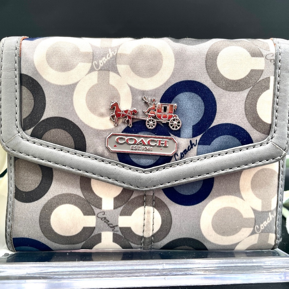 Coach Bi-fold Wallet, Signature Cream, Blue, & Grey Sateen,Grey Leather Trim